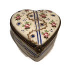 Whimsical Romance: Hand-Painted Heart-Shaped Limoges Keepsake Box - Blooms of Blue, Pink, and Gold on a White Canvas