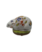 Floral Whiskers - Hand-Painted Limoges Box with White Rat and Blossoms