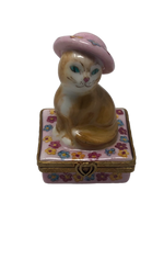 Purr-fectly Chic - Limoges Box with Orange Cat and Pink Hat