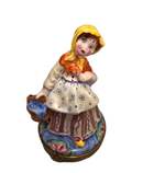 Whimsical Charm: Hand-Painted Limoges Keepsake Box - Yellow Hooded Girl in a Vintage Countryside Scene