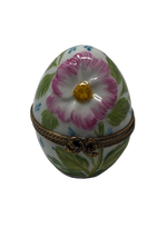 Blooming Elegance - Limoges Box with White Egg, Green Leaves, and Pink Flower