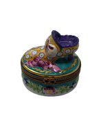 Fashionista's Delight - Limoges Box: Yellow Women's Shoe on Turquoise Hat Box