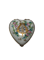 Floral Serenade - Limoges Box: White Heart with Assorted Flowers and Golden Lyre