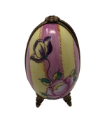 Blooming Stripes - Limoges Box: Pink and Yellow Striped Egg with Delicate Flower