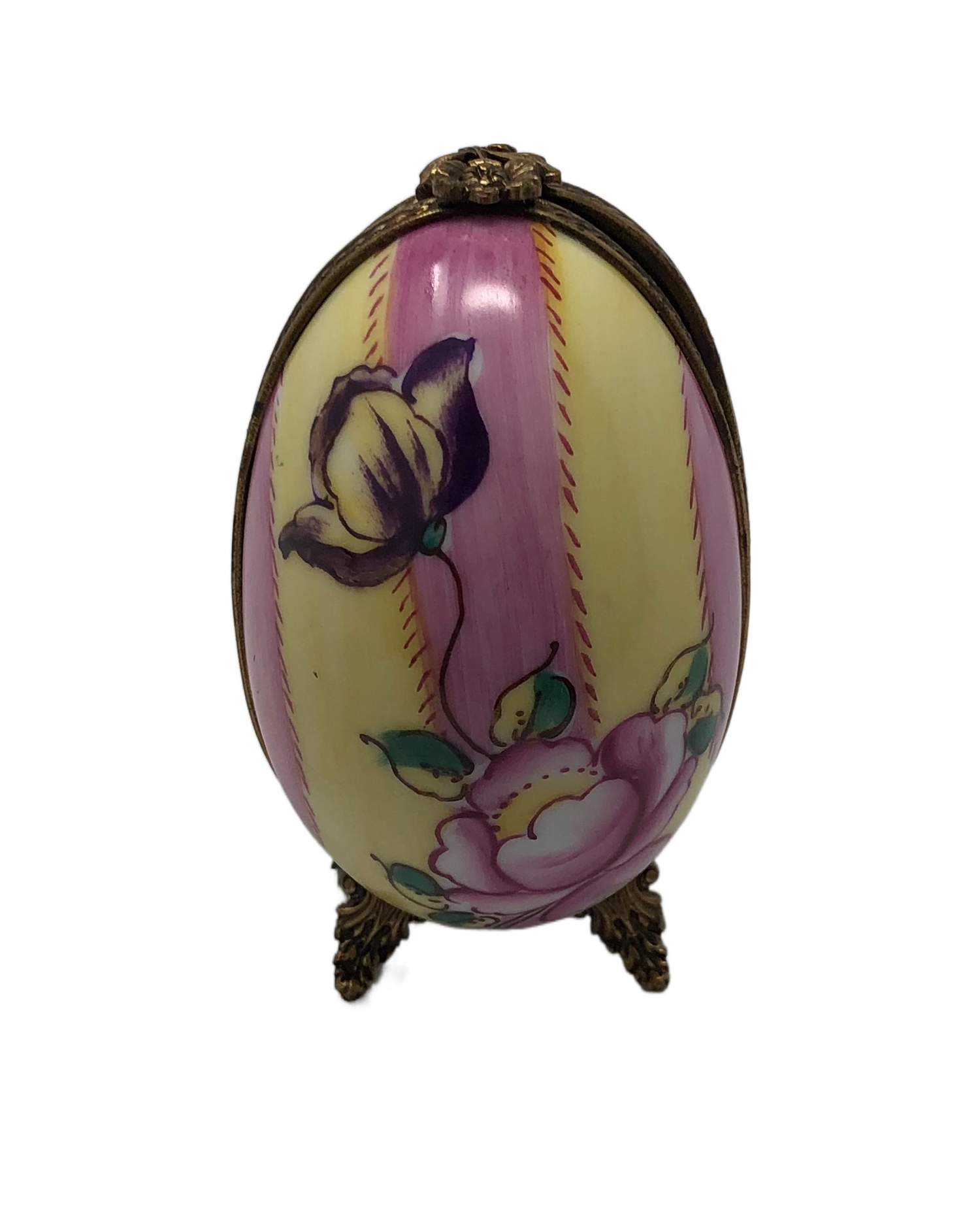 Blooming Stripes - Limoges Box: Pink and Yellow Striped Egg with Delicate Flower