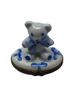 Buttoned Bliss - Limoges Box: White Teddy Bear with Blue Buttons