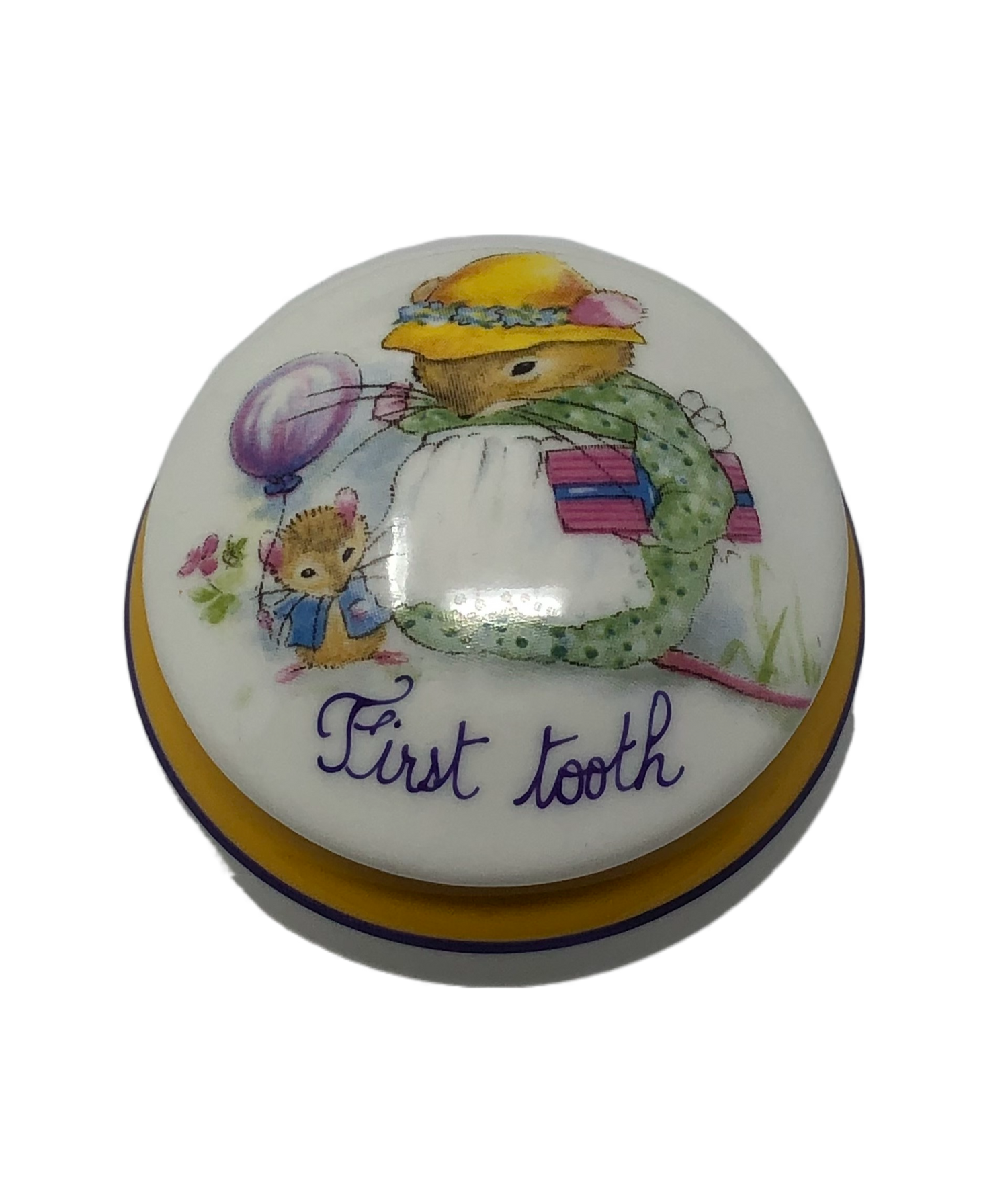 Mama's Celebration - Limoges Box: Mother Mouse and Baby Mouse with First Tooth Balloon