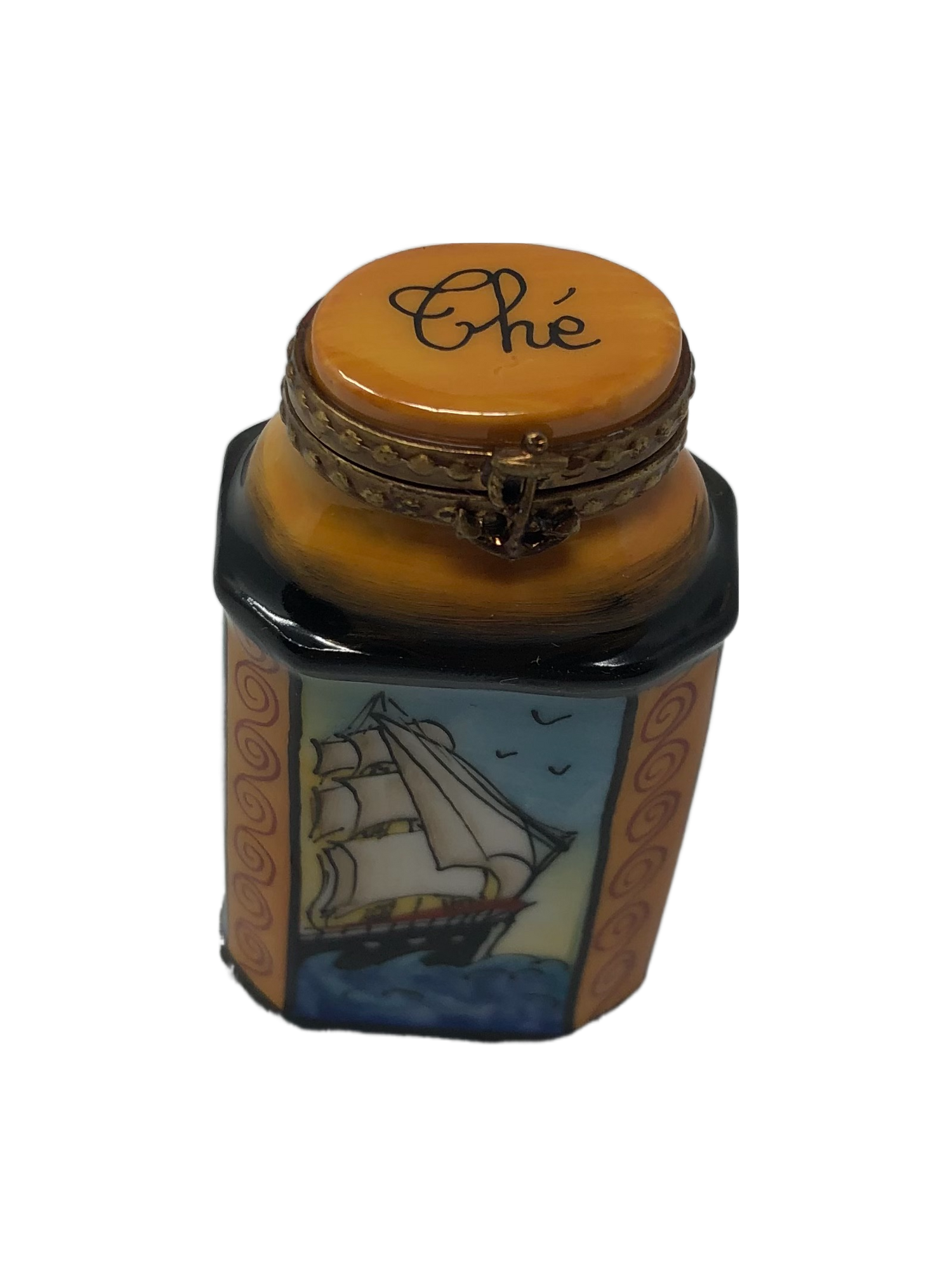 Seafarer's Delight: Hand-Painted Ship Scene Limoges Pot