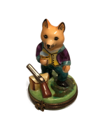 Fox's Tranquil Interlude: Hand-Painted Limoges Box with Fox Savoring a Refreshing Drink