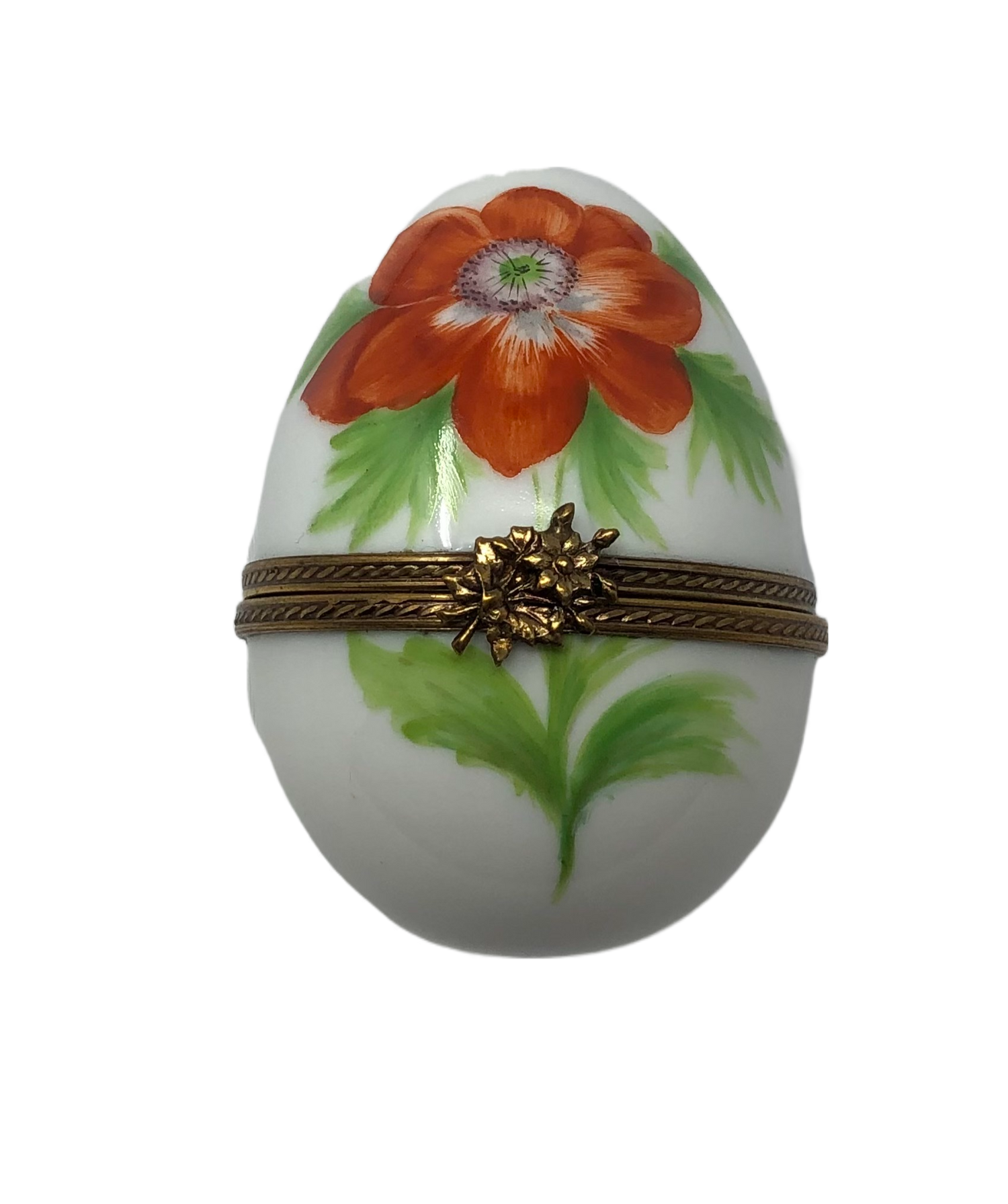 Blooming Elegance: White Egg Limoges Box with Intricate Red Flower