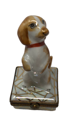 Beguiling Basset: Limoges Box in the Shape of a Begal with a Red Collar