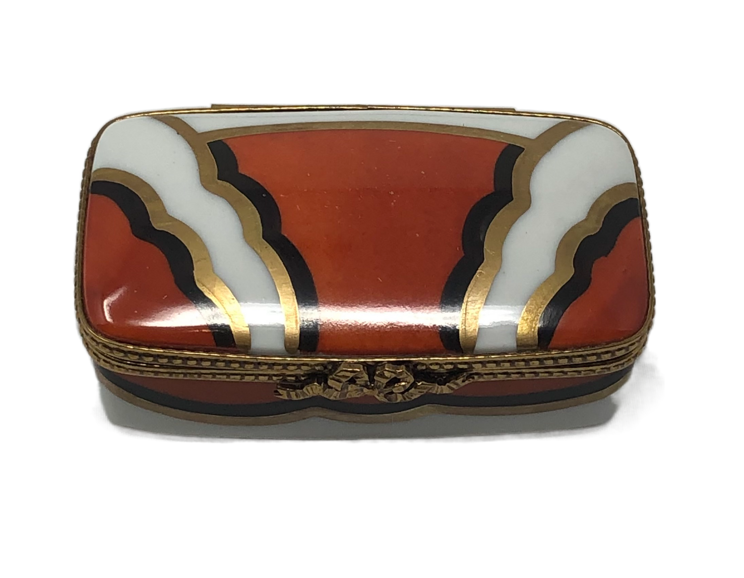 Harmonious Contrasts: Abstract Orange, Black, Gold & White Limoges Box