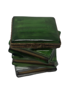 Bookworm's Delight: Handcrafted Limoges Box with Stacked Green and Grey Books