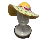 Elegance Personified: Hand-Painted Limoges Box - White Silhouette Hat Stand with Yellow Hat and Green Polka Dot Brim