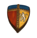 Noble Heritage: Hand-Painted Limoges Box - Medieval Shield with Golden Divisions and Lion Emblem