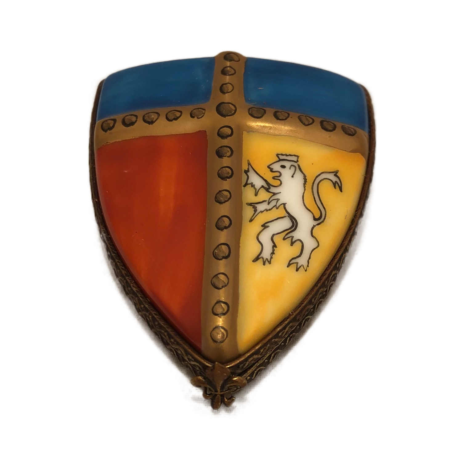 Noble Heritage: Hand-Painted Limoges Box - Medieval Shield with Golden Divisions and Lion Emblem