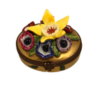 Golden Blooms: Hand-Painted Limoges Box with Open Yellow Flower and Colorful Surrounding Florals