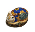 Regal Feline Elegance: Hand-Painted Limoges Box - Resting White Cat with Blue Shell and Golden Accents