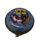 Tranquil Blooms: Blue Circular Limoges Box with Three Vibrant Flowers