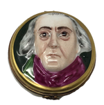 Colonial Elegance: Circular Golden Limoges Box with a Regal Portrait