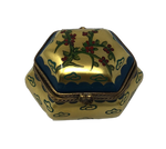 Gilded Holly: Hexagonal Golden Limoges Box with Blue Accents