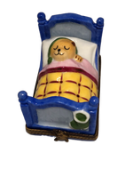Sleepy Bear in Blue Bed: Hand-Painted Limoges Box