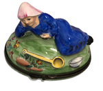 Whimsical Serenity: Hand-Painted Limoges Box with Lady in Blue Dress and Golden Ladle