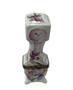 Blooming Elegance: Limoges Box of a Tall Pink and White Floral Grandfather Clock
