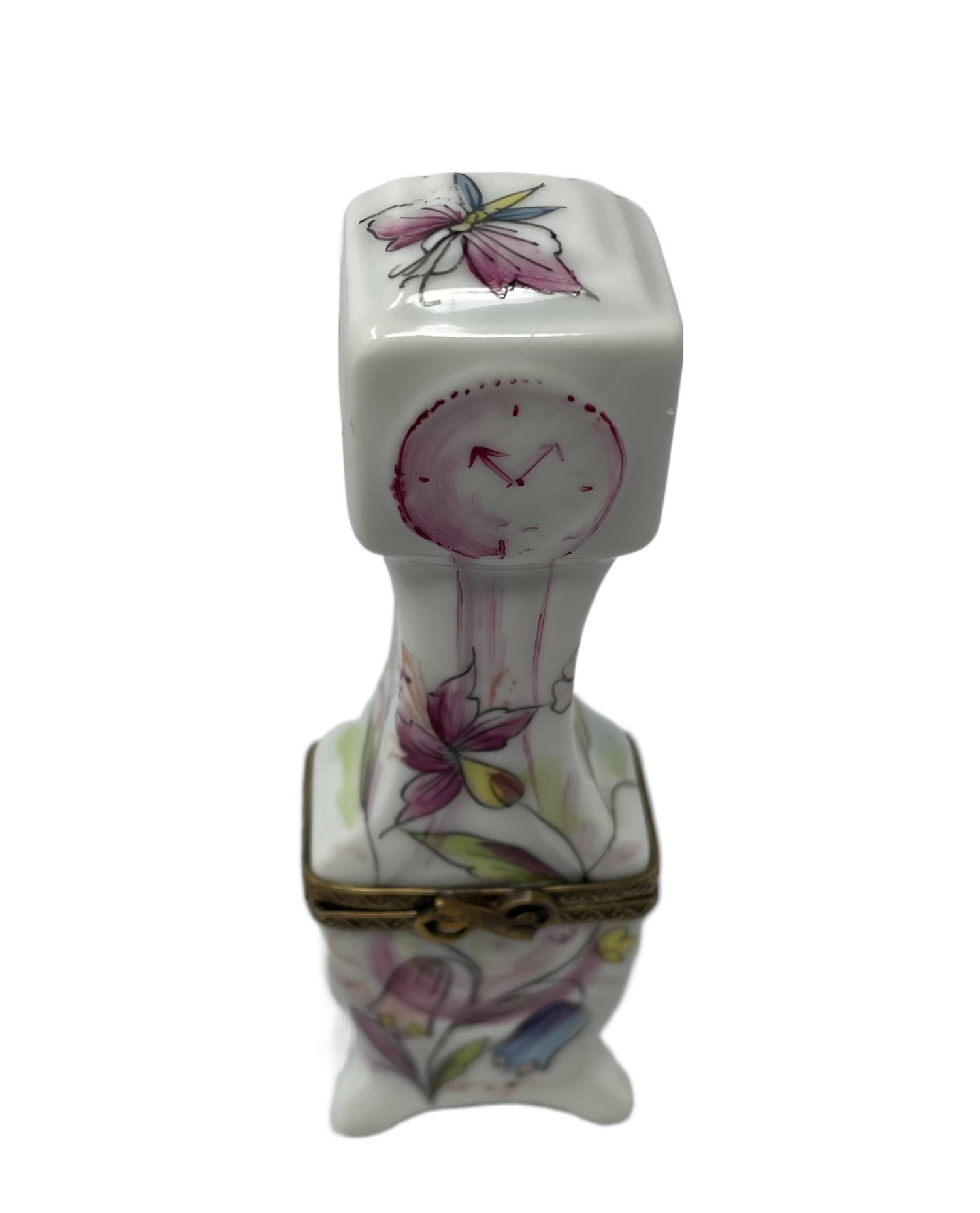 Blooming Elegance: Limoges Box of a Tall Pink and White Floral Grandfather Clock