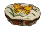 Blooming Delight: Hand-Painted Limoges Box with Red Flowers and Yellow Butterfly