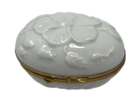 Whimsical Garden Whispers: Limoges Box in the Shape of an All White Floral and Bugs Scene