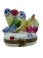Cherry Rivalry: Limoges Box - Blue and Yellow Birds in Battle