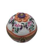 Floral Elegance: Hand-Painted Limoges Spherical Box with Pink and Purple Flowers