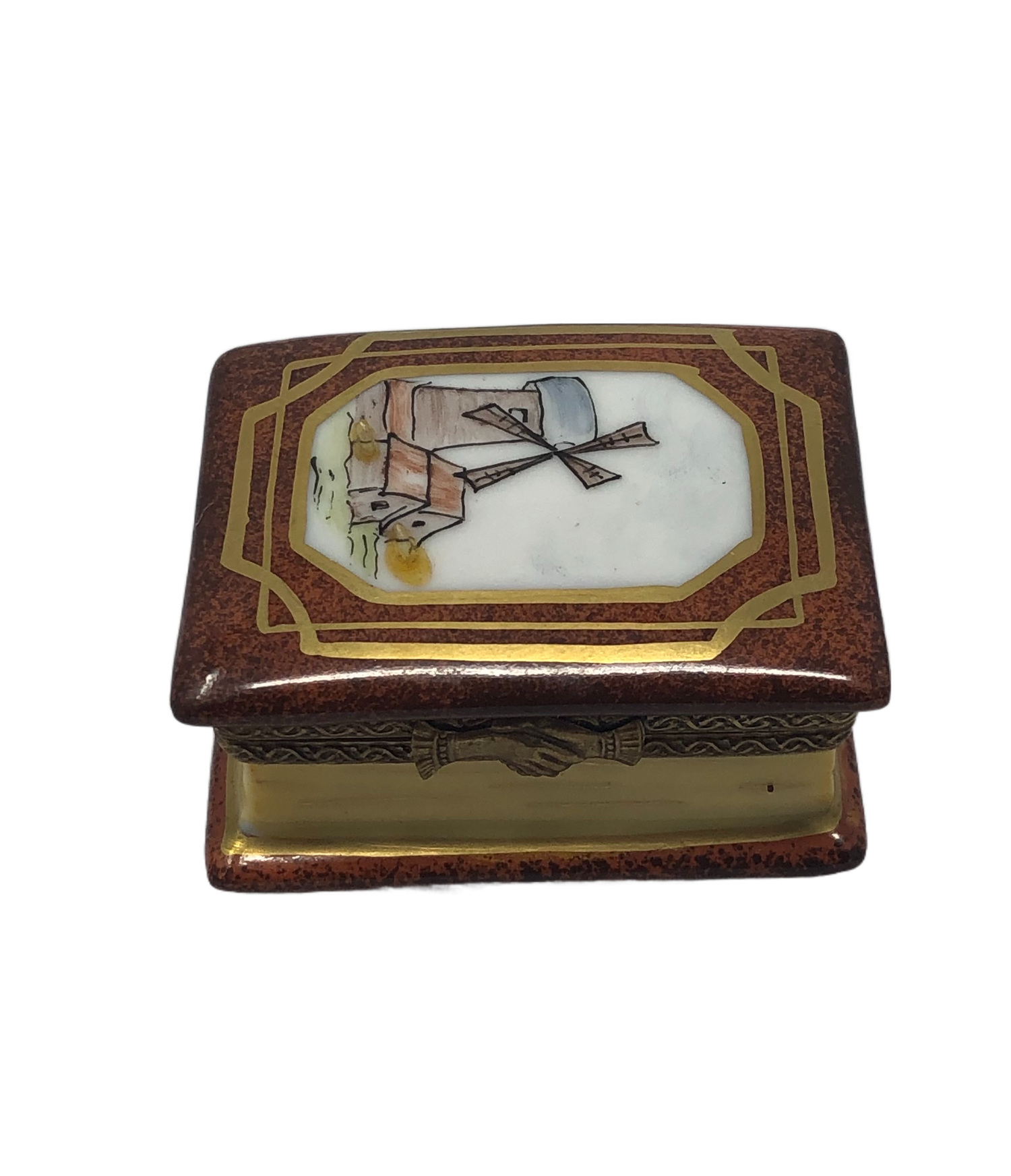 Rustic Charm: Hand-Painted Limoges Box with Windmill and Houses Scene