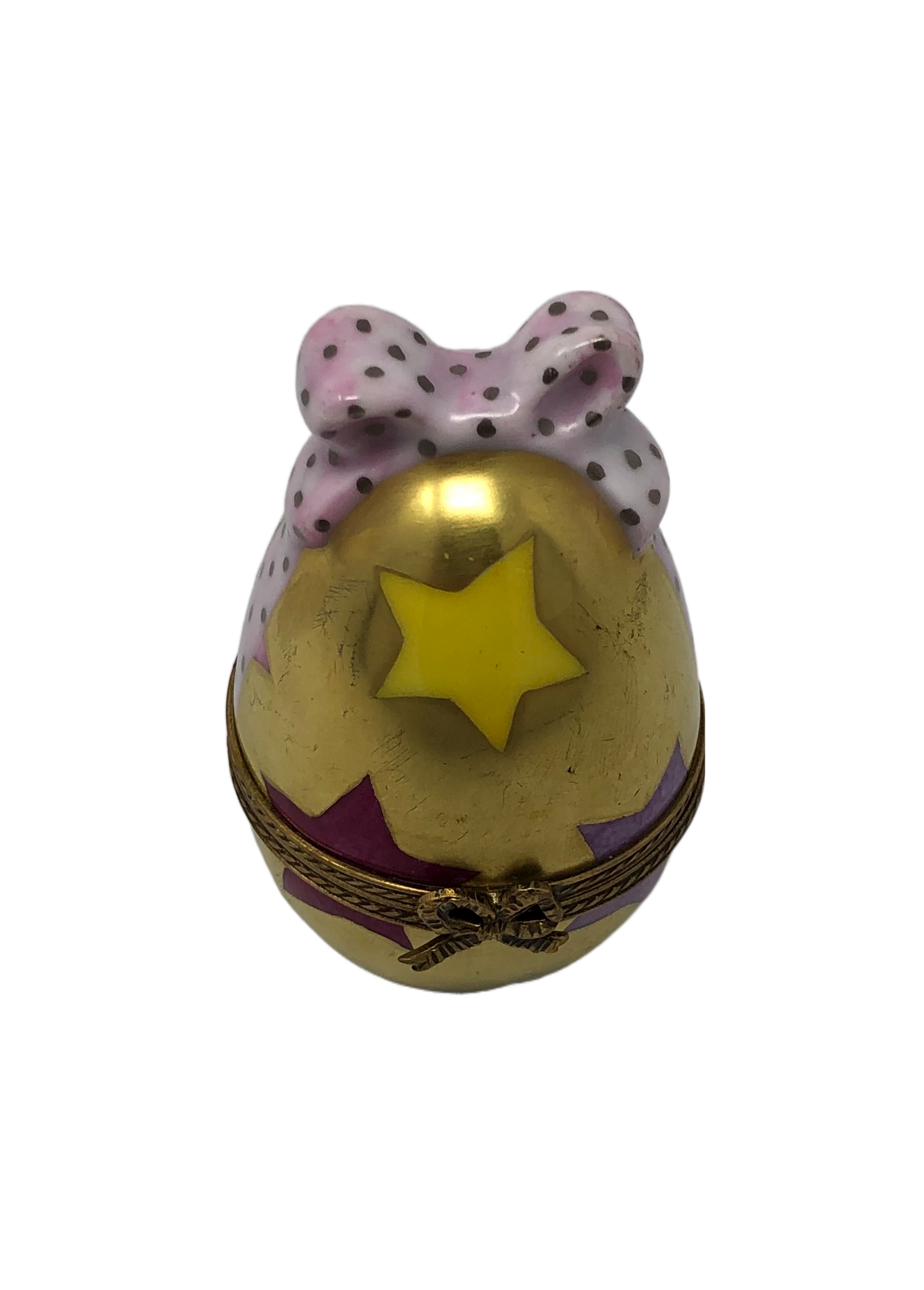 Gilded Elegance: Hand-Painted Limoges Box with Star and Polka Dot Bow