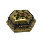 Golden Elegance: Hand-Painted Hexagonal Limoges Box with Holly Accents