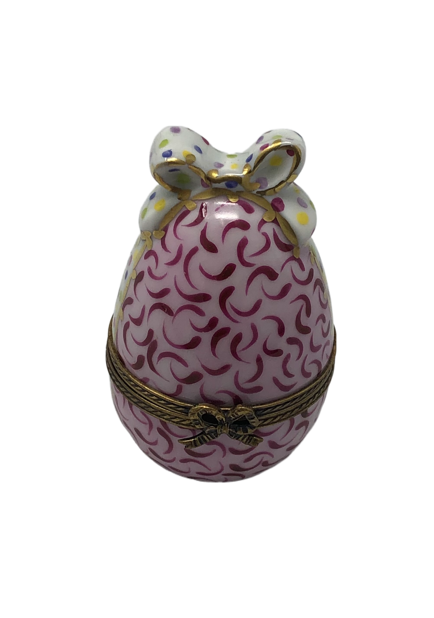Elegant Delight: Hand-Painted Limoges Box in Pink with Red Swirls and Polka Dot Bow