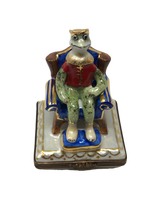 Regal Ribbit: Frog King Limoges Box with Blue Throne
