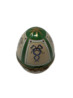 Emerald Elegance: Green Egg with Tan Panels and Blue Ribbons Limoges Box