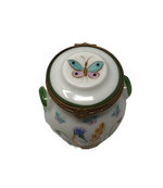 Whimsical Flutter: White Grain Pot with Pink and Blue Butterfly Limoges Box