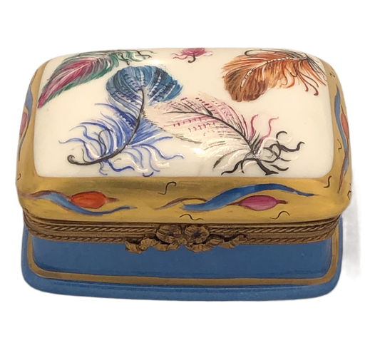 Harmony in Blue and Gold: Hand-Painted Limoges Feathered Treasure Box