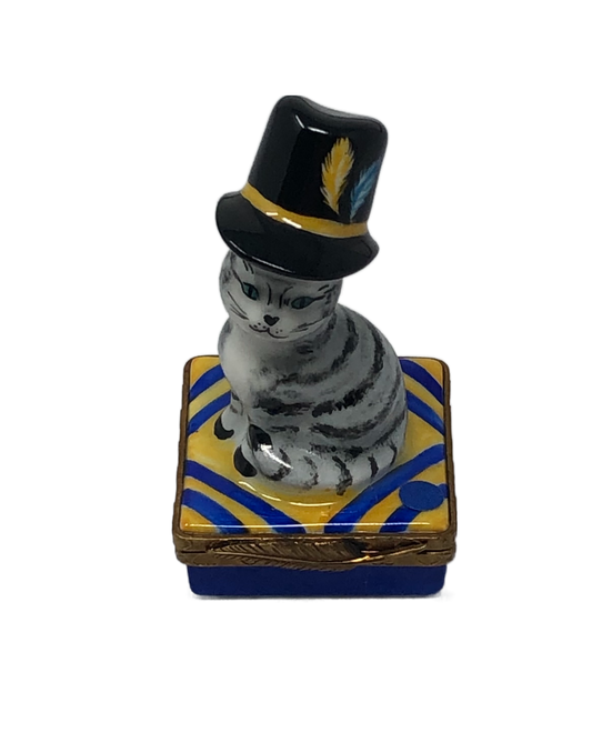 Whiskers & Finesse - Hand-Painted Cat in Tophat Limoges Box