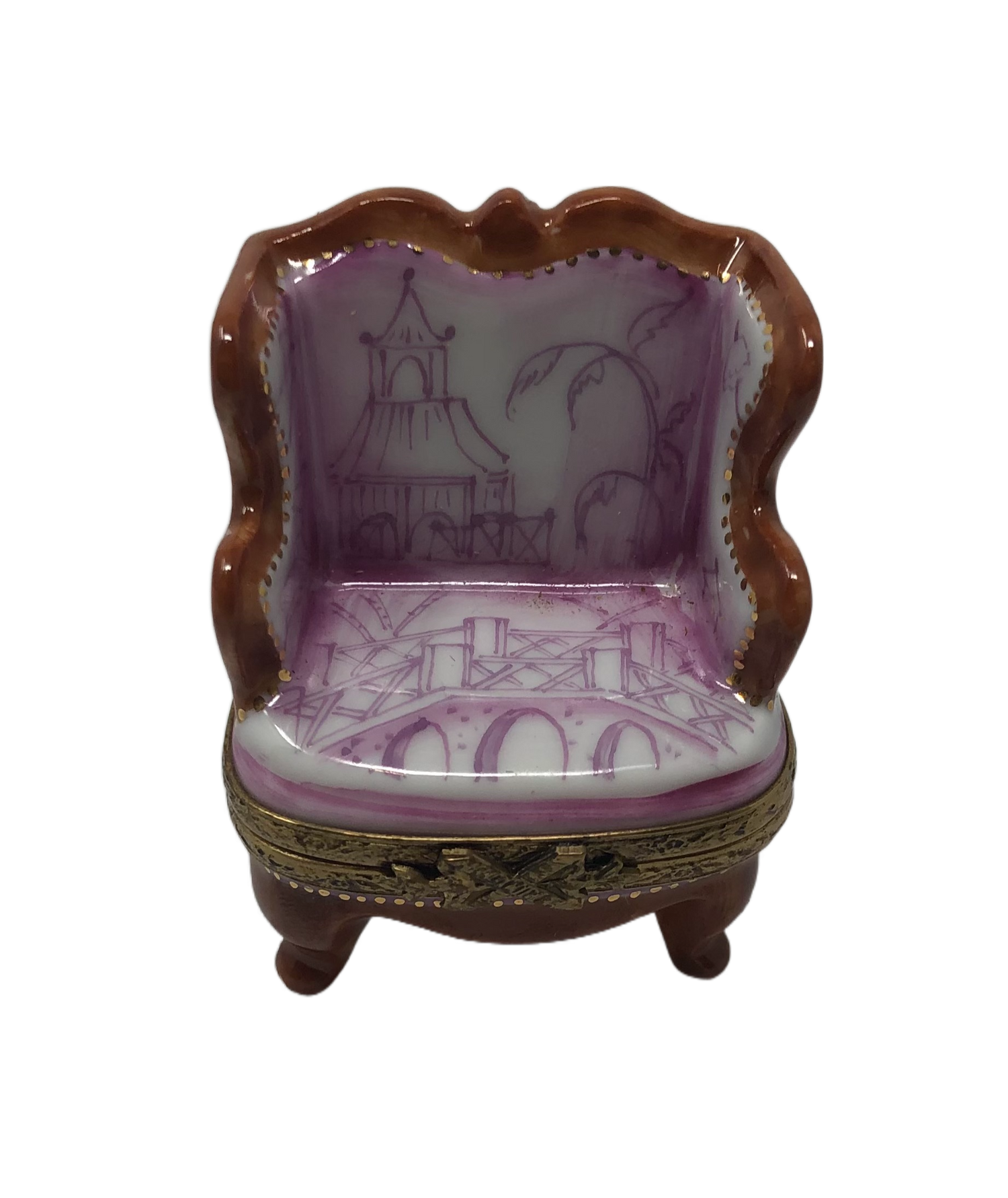 Serene Retreat - Wooded Chair with Knitted Bridge Scene Limoges Box