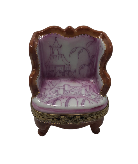 Serene Retreat - Wooded Chair with Knitted Bridge Scene Limoges Box