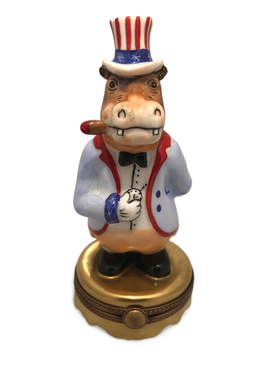 Patriotic Ponderings: Hand-Painted Uncle Sam Hippo Limoges Keepsake Box - A Quirky Twist on Americana