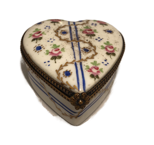 Whimsical Romance: Hand-Painted Heart-Shaped Limoges Keepsake Box - Blooms of Blue, Pink, and Gold on a White Canvas