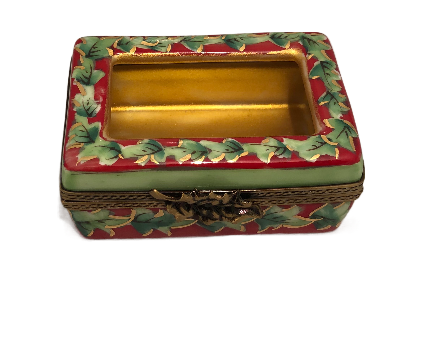 Enchanting Elegance: Hand-Painted Rectangular Limoges Keepsake Box - Red Passion with Delicate Green Vines