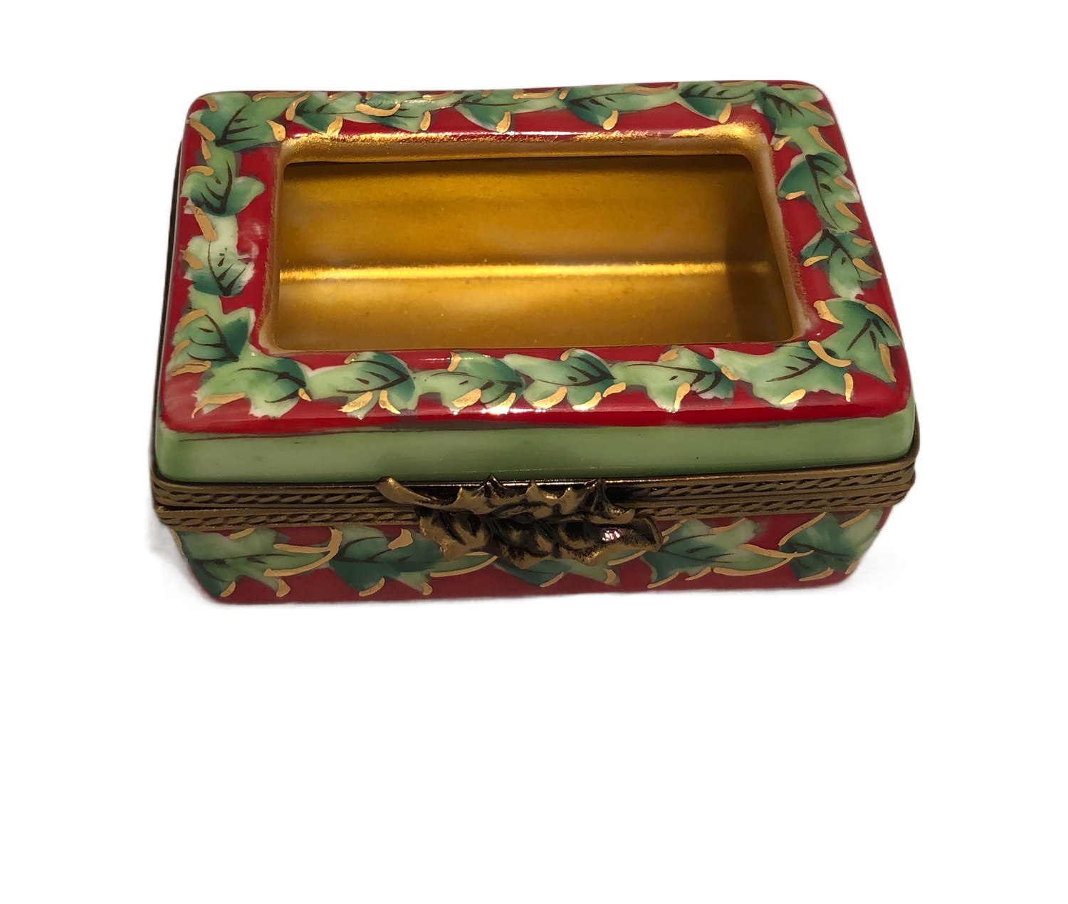 Enchanting Elegance: Hand-Painted Rectangular Limoges Keepsake Box - Red Passion with Delicate Green Vines