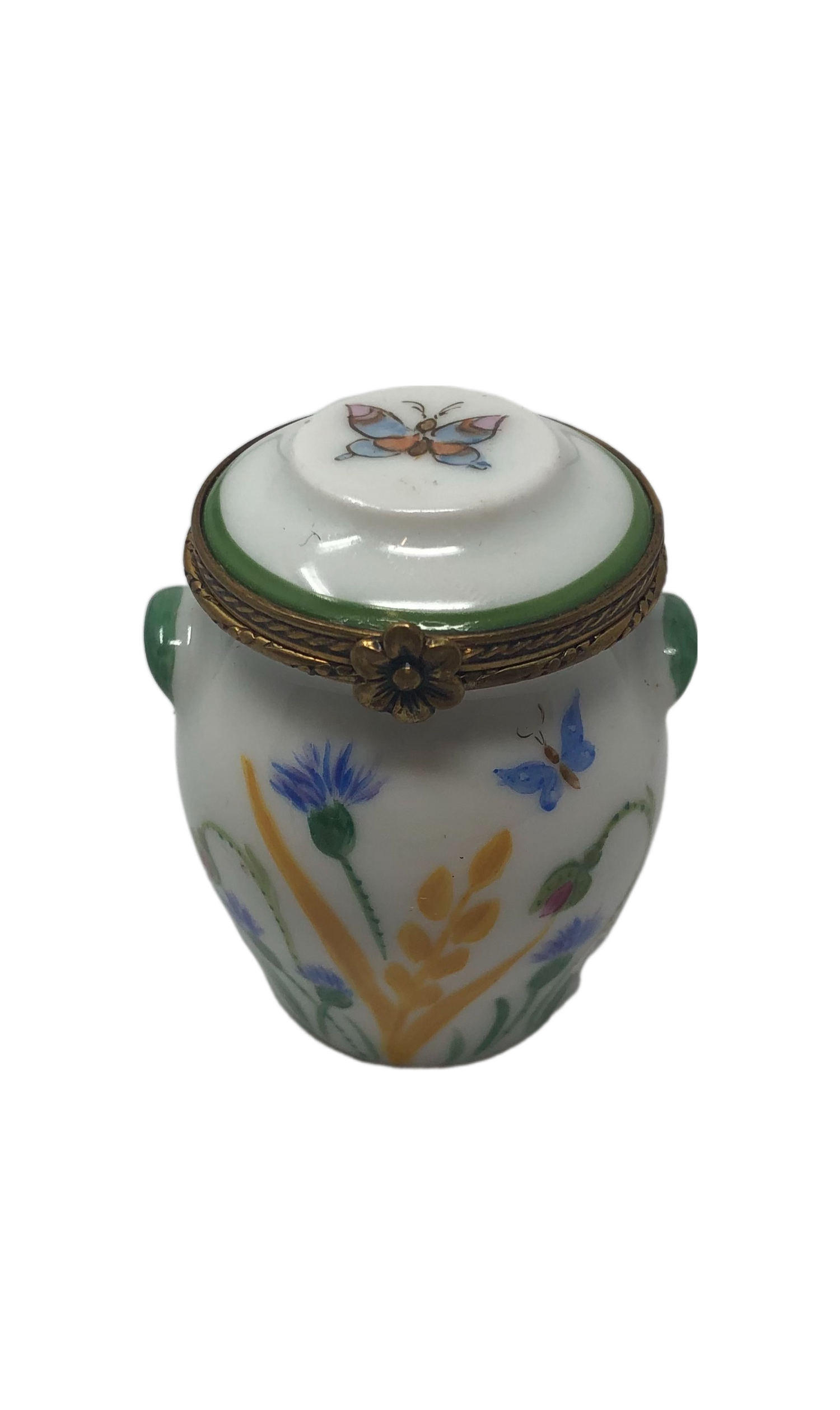 Floral Whimsy - Hand-Painted Limoges Pot with Butterfly Accents