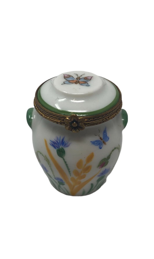 Floral Whimsy - Hand-Painted Limoges Pot with Butterfly Accents